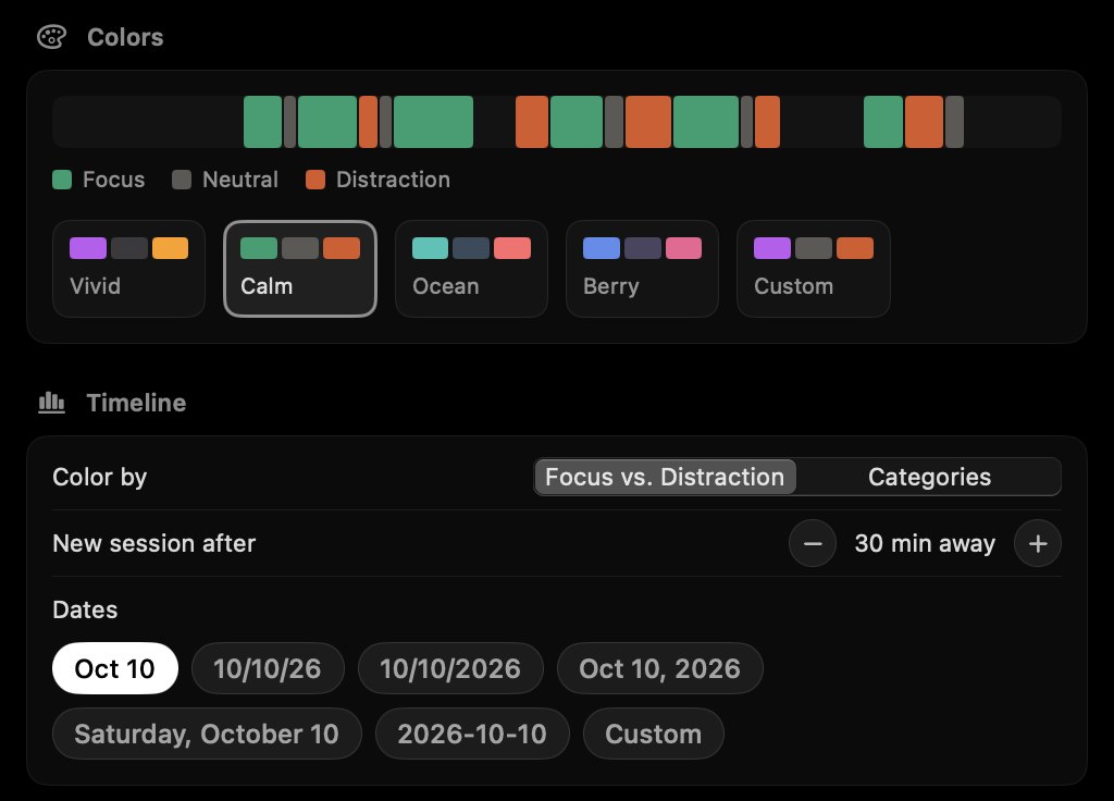The Colors settings page: a preview strip, the Vivid, Calm, Ocean, Berry and Custom themes, and the date formats.