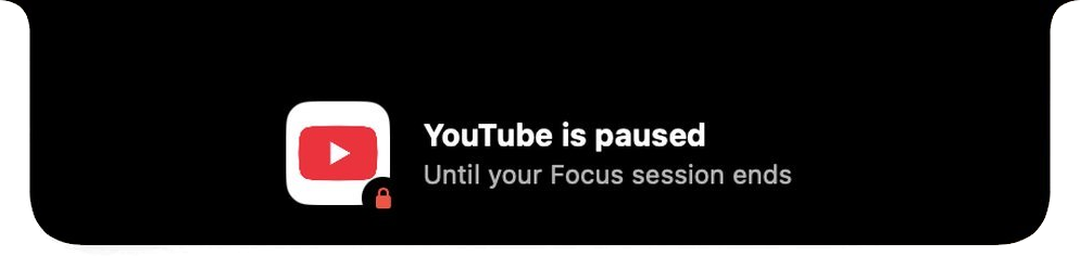 A notch message: YouTube is paused until your Focus session ends.