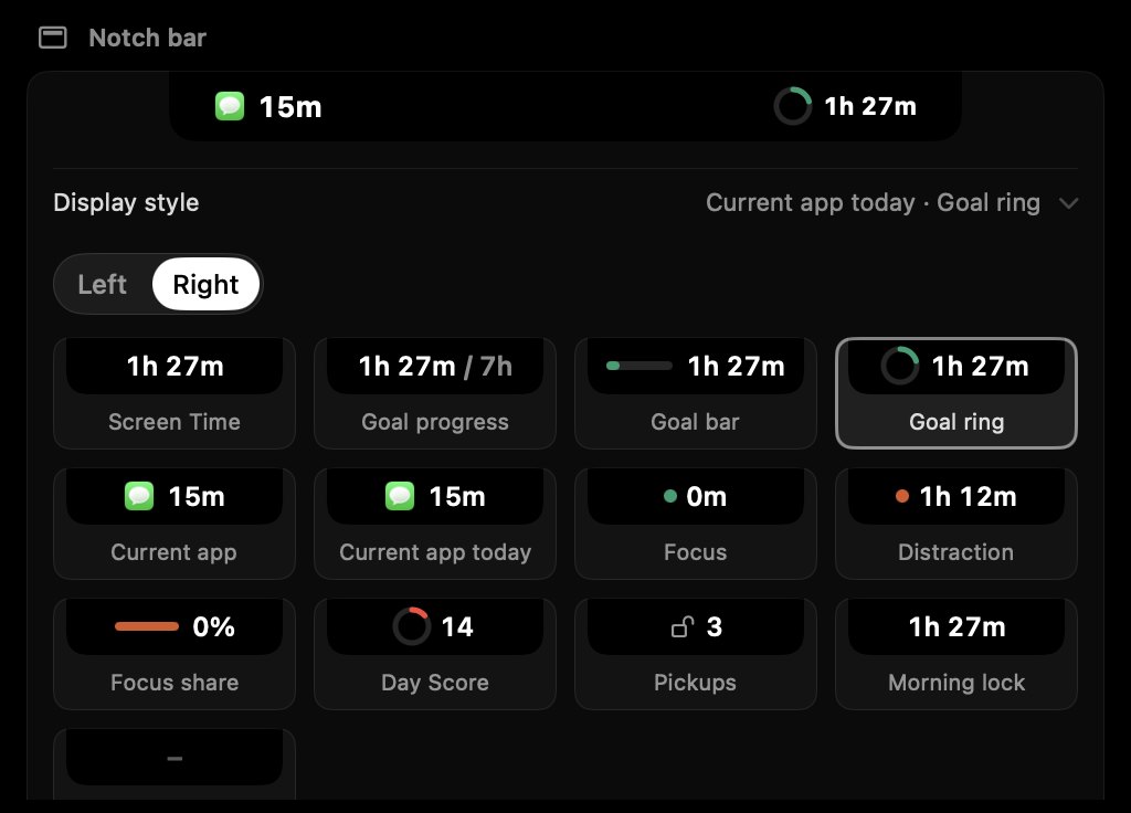 Notch customization: the notch bar as it looks now, then a tile for every choice on the right side: Screen Time, goal ring, current app, focus, distraction, Day Score, pickups and more.