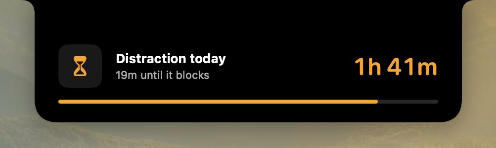 A goal warning under the notch: Distraction today, 1h 41m, 19 minutes until it blocks.
