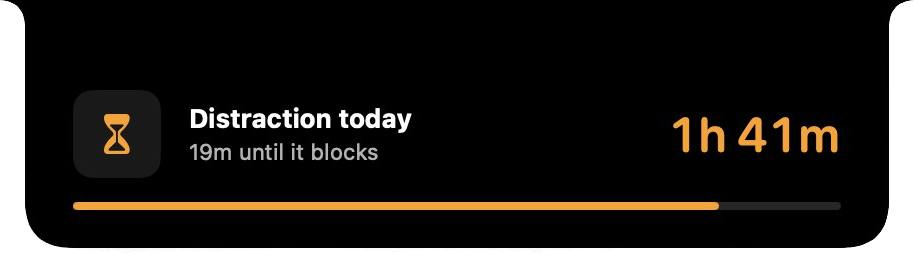 A goal warning under the notch: Distraction today, 1h 41m, 19 minutes until it blocks.