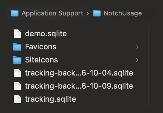 The NotchTime folder in Application Support on your Mac, with tracking.sqlite and the site icons.