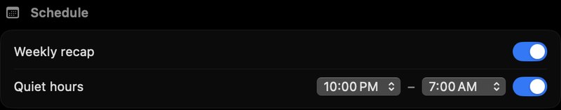 Notification settings: nudges for distraction, YouTube, Twitch and X, the weekly recap, and quiet hours from 10 PM to 7 AM.